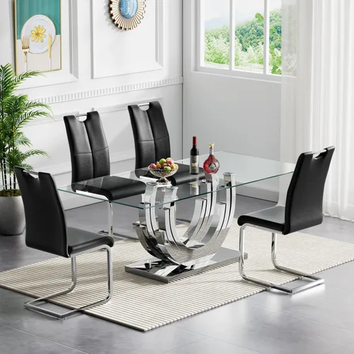 Miniatura 8 de Juego de mesa de comedor de cristal dorado moderno de 70 pulgadas para 4, juego de mesa rectangular de 5 piezas con base de acero en forma de anillo