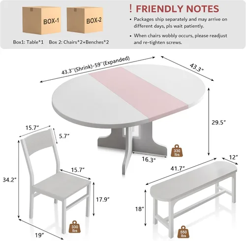 Miniatura 2 de iPormis Juego de mesa de comedor redonda de 5 piezas para 4-6, juego de mesa de comedor extensible de 59 pulgadas con 2 sillas ergonómicas y 2 Blanco