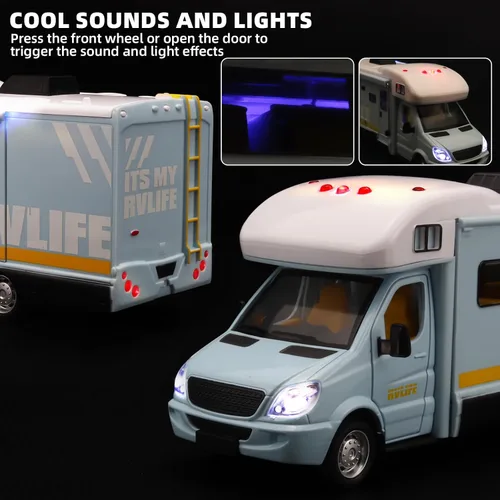 Miniatura 4 de Juguetes de autocaravanas para niños, autocaravana de juguete de metal fundido a presión con luz y sonido, edades 3-8 (Azul)
