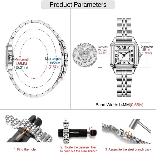 Miniatura 6 de Classic Relojes cuadrados de mujer con números romanos, de vestir, informal