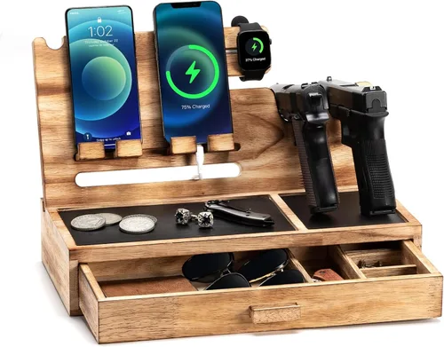 DGWJSU Estación de acoplamiento para teléfono como regalo para hombres, estante de pistola de madera como organizador de mesita de noche para caja
