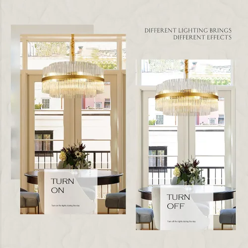 Miniatura 6 de 23.6" Lámparas de araña doradas modernas, candelabro de vidrio redondo de 2 niveles para comedor, 12 luces, lámparas colgantes para vestíbulo