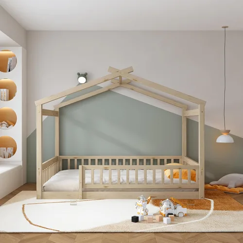 RUNNA Marco de cama de madera de tamaño matrimonial con valla, para niños, adolescentes, niñas, niños, (Natural-Thinck 4col)
