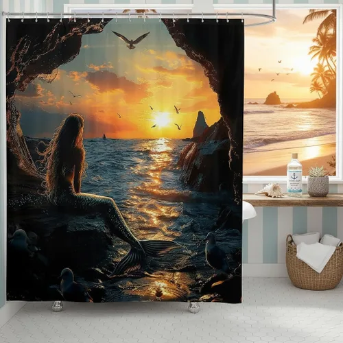 Miniatura 17 de Castle Fairy Cortinas de ducha impermeables 3D de sirena de ensueño, tela de paisaje, cortina de ducha de baño, diseño de mar, miau, pájaros