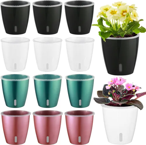 Miniatura 28 de Macetas de riego automático para plantas de interior, paquete de 16 macetas de riego automático con orificios de drenaje, macetas pequeñas