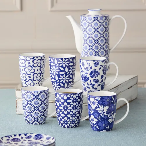Miniatura 4 de Madison - Juego de 6 tazas de porcelana prémium de 14 onzas, patrones vibrantes azules y blancos para café, té, lattes y cacao caliente