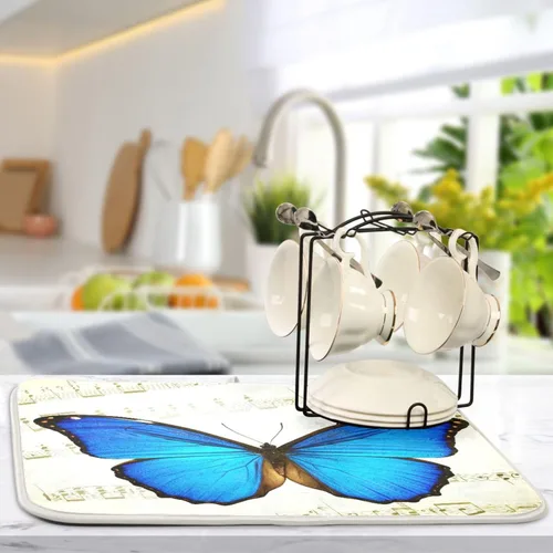 Miniatura 5 de Blue Butterfly Retro Musical Notes Dish Drying Mat, Reversible Coffee Mat, Quick Drying Dishes Draining Rack Pad for Kitchen Countertop Decor 18 x