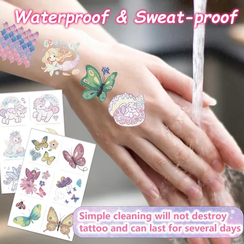 Miniatura 8 de Tatuajes de unicornio de sirena con purpurina para niñas, 180 tatuajes de mariposa individualmente con purpurina temporal para niños, diseño