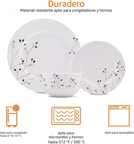 Miniatura 3 de Amazon Basics Juego de vajilla, Apto para microondas y lavavajillas, Servicio para 6, Cocina completa de 18 piezas, Platos, fuentes, cuencos, ramas