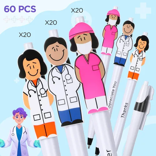Miniatura 3 de 60 bolígrafos lindos para enfermera y lindo bolígrafo de doctor, 3 estilos de agradecimiento y cuidado de 0.039 in, divertidos bolígrafos de tinta