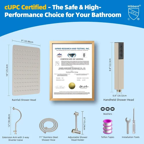 Miniatura 7 de Hibbent Cabezal de ducha certificado por cUPC All Metal, combo de cabezal de ducha de alta presión de 10 pulgadas, varita de ducha de mano, brazo