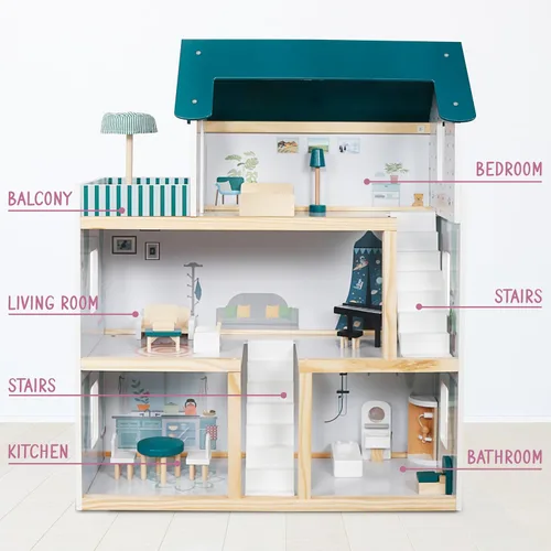 Miniatura 3 de Lil' Jumbl Casa de muñecas de madera para niños, incluye 17 piezas de accesorios y muebles, con balcón y escaleras, casa de muñecas de 3 pisos fácil