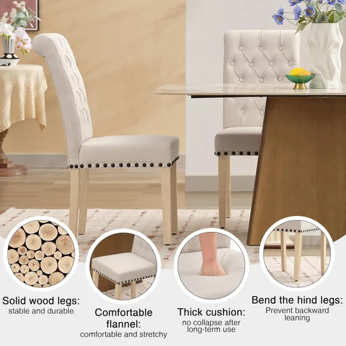 Miniatura 4 de adochr Juego de 2 sillas de comedor de tela de lino, silla de comedor tapizada con patas de madera, sillas Parsons sin brazos para Beige