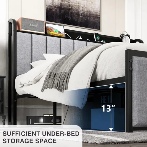 Miniatura 4 de VECELO Queen Bed Frame, Storage Upholstered Headboard with Charging Station, Platform Bedframe, Heavy Duty Metal Slats, No Box Spring Needed
