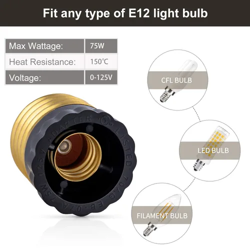 Miniatura 4 de DiCUNO Adaptador de enchufe E26 a E12 con certificación UL, negro, estándar (mediano) base E26 a candelabro E12 convertidor de enchufe de luz