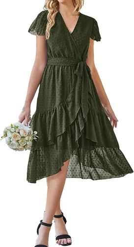 SDEER - Vestido de gasa con mangas con volantes y lunares para mujer, vestido de verano cruzado con cuello en V y volantes laterales, vestido midi