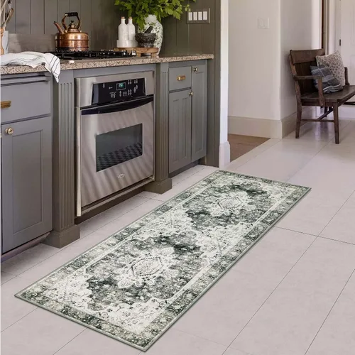 Moynesa Alfombra de pasillo ultra fina lavable de 2 x 6 pies, antideslizante, resistente a las manchas, alfombra vintage que no desprende para Gris