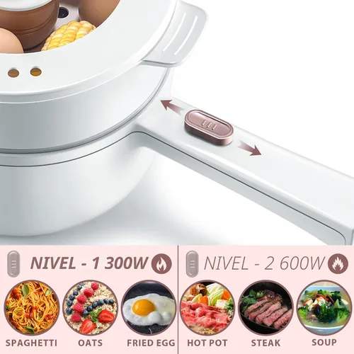 Miniatura 2 de Bear Hot Pot - Olla eléctrica con vaporizador, olla rápida de fideos de 1.6L, mini olla, sartén antiadherente para carne, ramen, huevo, avena, sopa