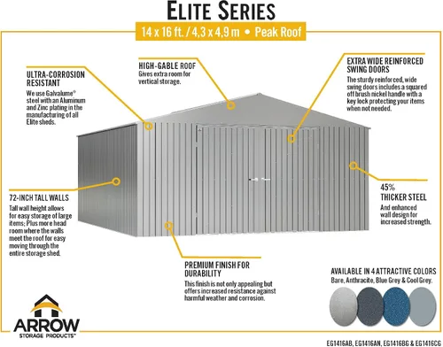 Miniatura 10 de Arrow Shed Elite - Cobertizo de almacenamiento de acero para exteriores de 14 x 16 pies de alto con puertas altas y puertas con cerradura