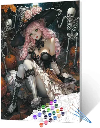 Miniatura 6 de Pintura por números para parejas tomadas de la mano, para adultos, principiantes, Día de los Muertos, Esqueleto, Pintura por números sobre lienzo