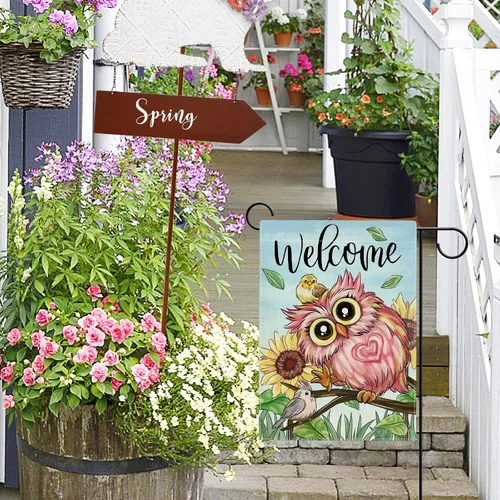 Miniatura 6 de Hzppyz Bandera de jardín de búho rosa de bienvenida para primavera y verano, de doble cara, ramas de girasol, decoración pequeña para exteriores