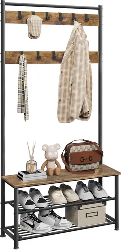Miniatura 11 de Yaheetech - Perchero, 3 en 1, árbol de pasillo con banco y almacenamiento para zapatos, banco independiente para entrada con perchero, Marrón rústico