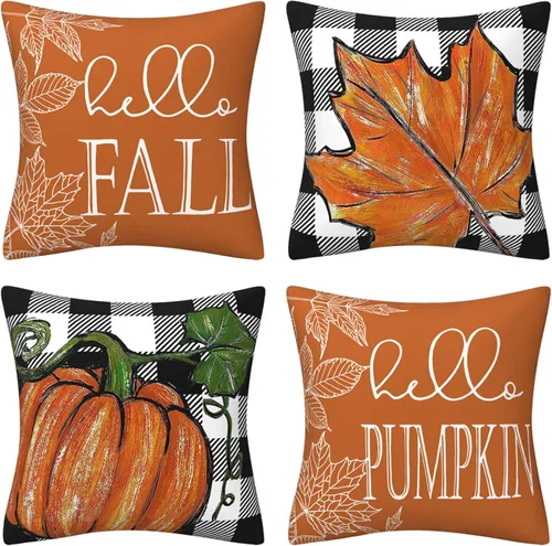 Miniatura 19 de Happy Fall - Funda de almohada decorativa de otoño para interiores y exteriores, funda de cojín de lino con calabaza azul acuarela para sofá, sala