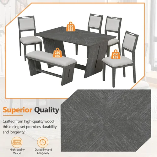 Miniatura 5 de Merax Juego de comedor retro de 6 piezas, 1 mesa rectangular con base de mesa trapezoidal estable y 4 sillas tapizadas y 1 banco para comedor