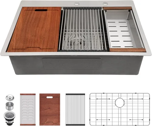 Miniatura 8 de Lordear - Fregadero de cocina encajado de 33 pulgadas con estación de trabajo, de 33 x 22 pulgadas, con una sola cubeta, de acero inoxidable