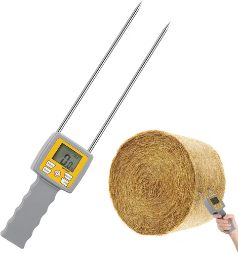 Probador de humedad de heno – Medidor de humedad portátil de doble sonda para heno con compensación de temperatura y humedad – Para balas de heno,