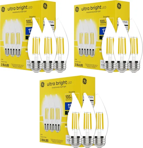 Miniatura 9 de GE Bombillas LED Ultra Brillantes, 100W, Luces de Vela Luz de Día, Bombillas Decorativas Transparentes CA12, Base Candelabra (Paquete de 3)