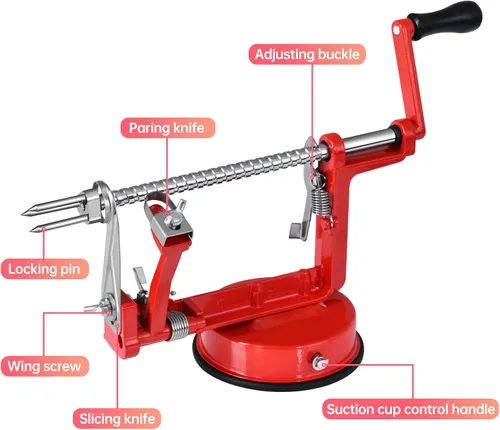 Miniatura 3 de Pelador de manzanas, cortador de patatas 3 en 1, acero inoxidable resistente con base de ventosa (rojo)