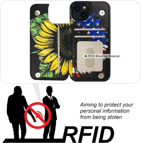 Miniatura 4 de HAOPINSH Funda tipo cartera para iPhone 13 con tarjetero y diseño de girasoles de bandera americana, tapa trasera, de piel sintética, con ranuras