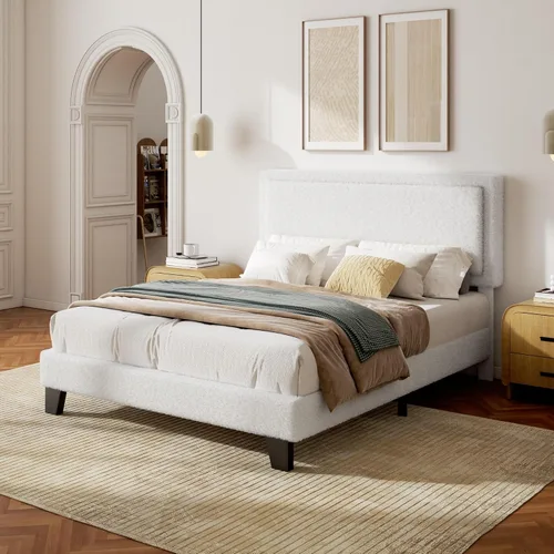 Miniatura 12 de Armazón de Cama Tamaño Completo con Cabecera Ajustable, Cama Plataforma Boucle Cloud con Listones de Madera, Base para Colchón, No Necesita Somier