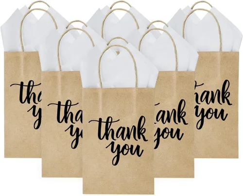 Miniatura 15 de DjinnGlory Paquete de 50 pequeñas bolsas de regalo de papel rosa con asas de 9 x 5.5 x 3.15 pulgadas y 50 papel de seda rosa para recuerdos