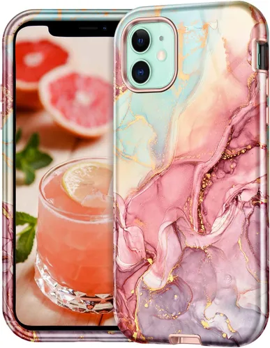 Miniatura 2 de CASEFIV Funda compatible con iPhone 11, patrón de mármol 3 en 1, resistente a prueba de golpes y caídas, cuerpo completo, policarbonato duro