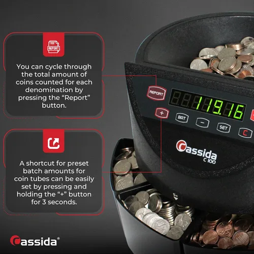 Miniatura 4 de Cassida Clasificador/contador electrónico de monedas C100, monedas contables 1¢, 5¢, 10¢, 25¢, 250 monedas/min, 110 VAC