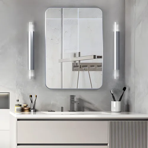Miniatura 3 de Manocorro - Espejo de baño de esquina redonda, 20 x 28 pulgadas, color plateado Lightweight,wall mounted,HD tempered glass,sturdy aluminum