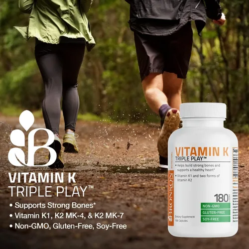 Miniatura 4 de Suplemento de Vitamina K Triple Play de Bronson (vitamina K2 MK7 / vitamina K2 MK4 / vitamina K1) 0,00002 oz, 1