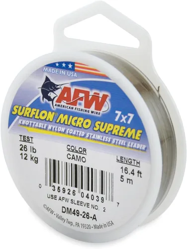 Miniatura 20 de American Fishing Wire Surflon Micro Supreme Nylon recubierto 7x7 de acero inoxidable, líder en alambres anudables para pesca en agua salada, pesca
