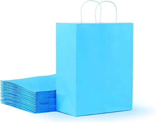 OfficeCastle 12 bolsas de regalo de papel azul con asas, 8.5 x 4.5 x 10.5 pulgadas, bolsas de compras, recuerdos de fiesta, bolsas de venta al por