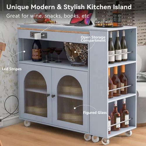 Miniatura 9 de K&K - Isla de cocina rodante con mesa extendida, luces LED, tomas de corriente, 2 puertas de vidrio, compartimento de almacenamiento, 3 estantes