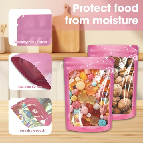 Miniatura 4 de 100 bolsas de Mylar a prueba de olores, bolsa de embalaje resellable con ventana transparente para almacenamiento de alimentos, bolsas de pie