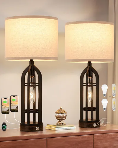 Miniatura 8 de Seealle Juego de 2 Lámparas de Mesa para Sala de Estar - Lámpara de Noche de Aspecto de Madera para Dormitorio con USB C+A y Enchufe, Lámparas