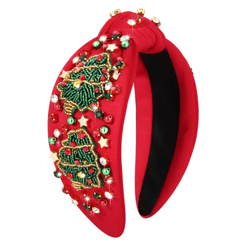 Miniatura 7 de boderier Diademas de Navidad para Mujeres Diadema de Árbol de Navidad con Cuentas Diadema Ancha Anudada de Cristal Accesorios para el Cabello