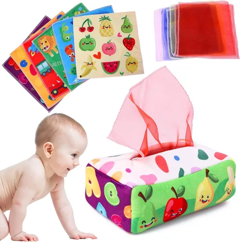 YOGINGO Juguetes para bebés de 6 a 12 meses – Caja de pañuelos Montessori para bebés de 6 a 12 meses, suave relleno de alto contraste, juguetes