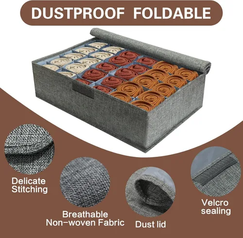 Miniatura 4 de PINGMIC Organizador Divisor de Calcetines Gris 1 Paquete con Tapa - Almacenamiento Plegable para Closet de 30 Celdas, Organizador de Corbatas