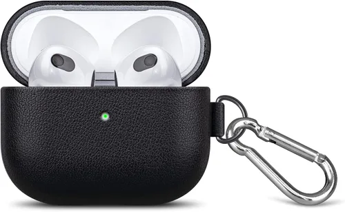 Miniatura 9 de LOPIE Funda compatible con AirPods 3 (lanzado en 2021), funda de cuero vegano estilo fibra de carbono con kit de clip y limpiador, funda protectora