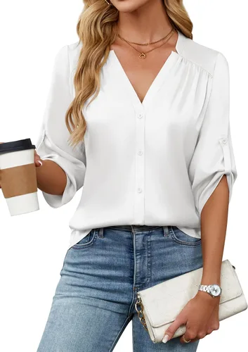 Miniatura 23 de Blooming Jelly Camisas con botones para mujer de manga 3/4, tops casuales elegantes, blusas de negocios de satén de seda plisado 2025
