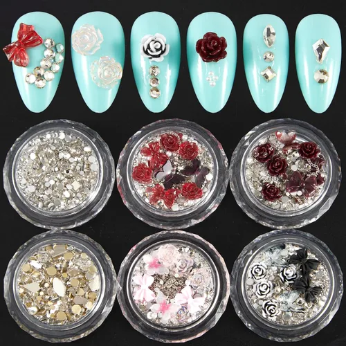 Miniatura 11 de 6 cajas de dijes de uñas 3D dorados, dijes de arte de uñas con parte trasera plana, joyas de diamantes de imitación para uñas, gemas de uñas